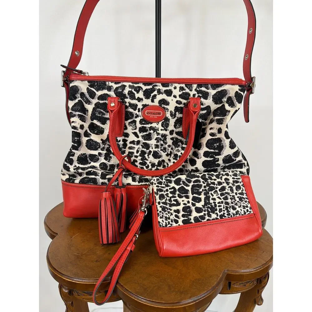 Coach Rory 19988 Leopard Print Handbag Red Leather Trim Clutch Wristlet Bundle - Picture 3 of 16